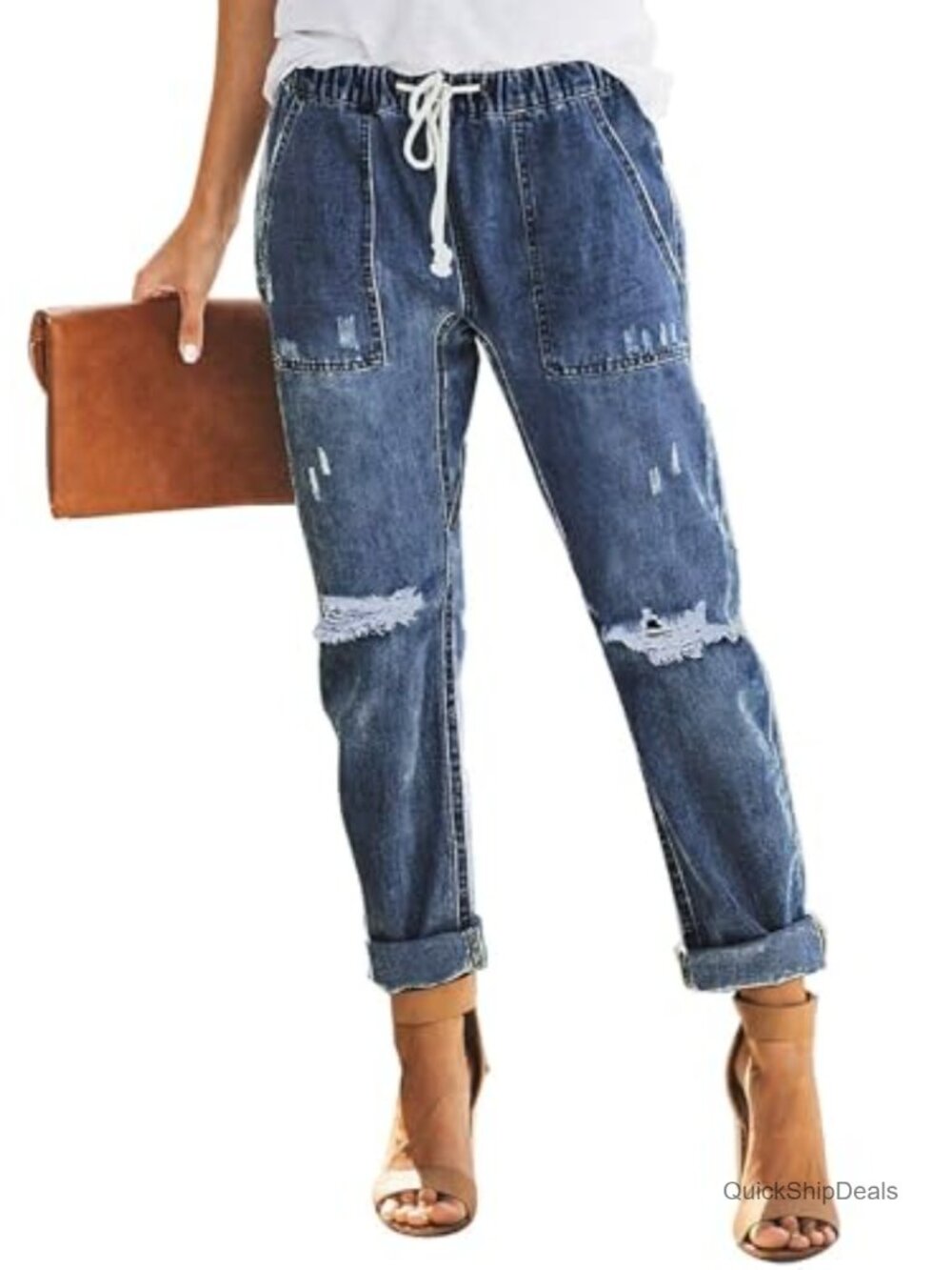 High Waisted Drawstring Cargo Jogger Jeans, Ripped Denim Pants, Stretchy Cotton